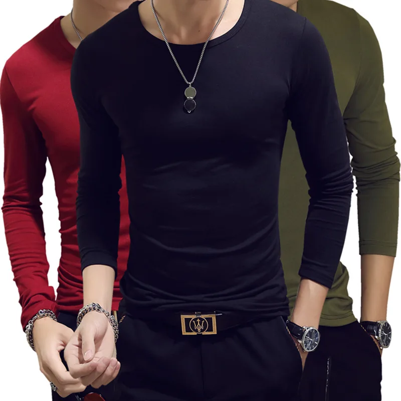 

2020 Spring and Autumn Men's T-shirt Long-sleeved Slim Solid Round Neck Pullover Men's Casual Bottoming Shirt