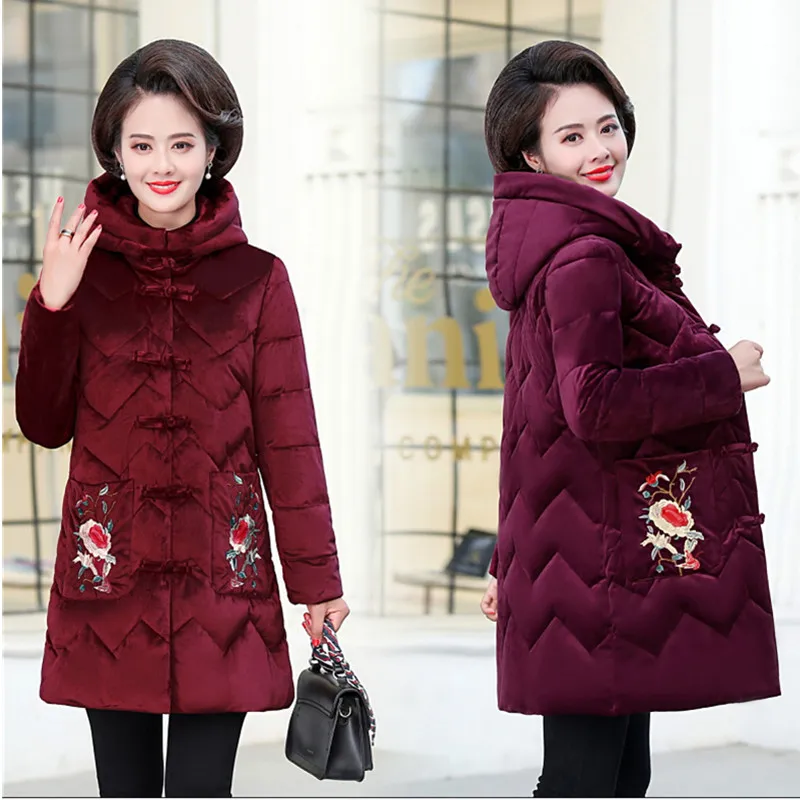 UHYTGF Women's winter jacket Hooded thick warm Parker women Fashion embroidered loose 5XL plus size cotton coat parkas mujer 531