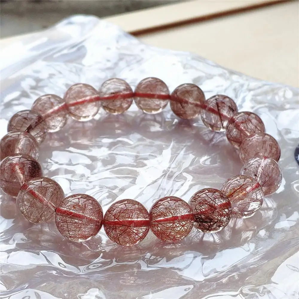

Natural Copper Rutilated Quartz Crystal Clear Stretch Round Beads Bracelet 11mm Fashion Wealthy Stone Jewelry From Brazil AAAAA