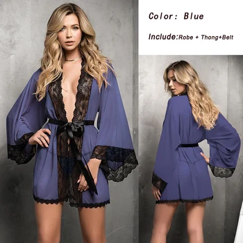 

Miss G Lingerie Nightgown Cardigan Robe Sexy Underwear Lace Suspender Long Loose Sleeve Chiffon Sleepwear Chemise Temptation