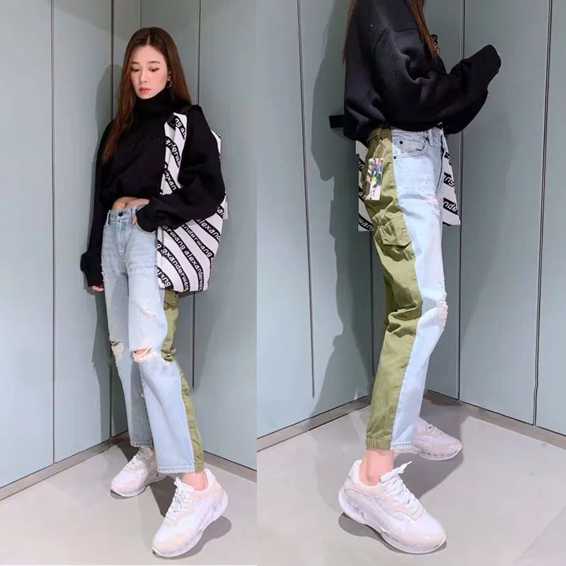 

2020 Spring Summer Women's Light Blue / Army Green Patchwork Spliced Jeans Pencil Pants with Holes A2