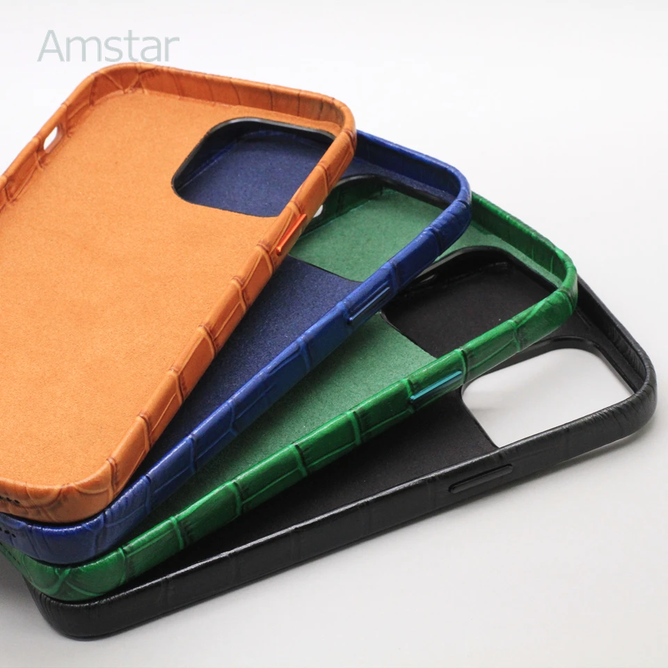 Amstar Pure Cowhide Genuine Leather Phone Case for iPhone 13 12 Pro Max Handmade Real Leather Magnetic Wireless Charging Cover 