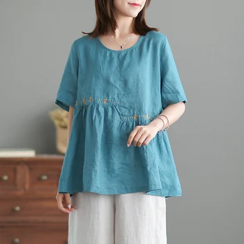 

Summer Vintage Casual Womens Blue Red White Short Sleeve Pleated Loose Linen Top Shirt , Embroidery Blouse Shirts for Woman