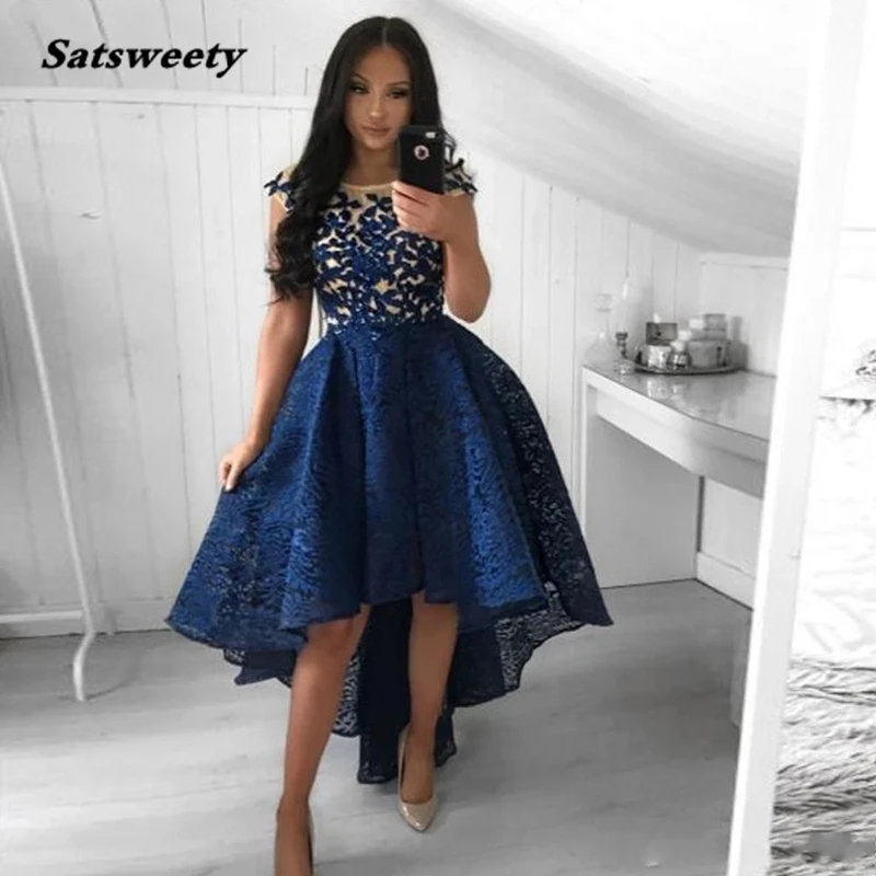 Sexy High low Lace Navy Blue Homecoming Dresses Formal Party Dresses Embroidery vestido graduacion Robe De Cocktail Chic