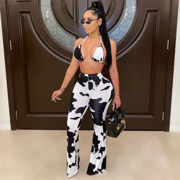 

CHRONSTYLE Cow Skin Print 2PCS Women's Set 2020 Sexy Sleeveless Halter Backless Bra Crop Tops Long Flared Pants Bell Bottoms New