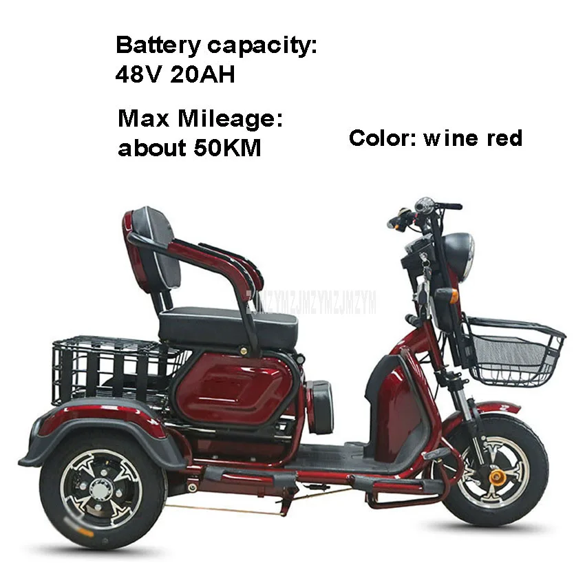 48V 20AHWineRed Трехместный Электрический мотоцикл для пожилых людей, Электрический скутер с широкими шинами, трехколесный скутер для пожилых людей с ограниченными возможностями, 500 Вт, 48 В/60 в - Цвет: 48V 20AHWineRed