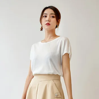 

New knitted short sleeve round neck solid color T-shirt women gray