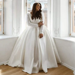 UETEEY Plus Size Wedding Dress V-Neck Long Sleeve Zipper Back 2022 Simple Satin A-Line Princess Bridal Gowns Vestido De Novia