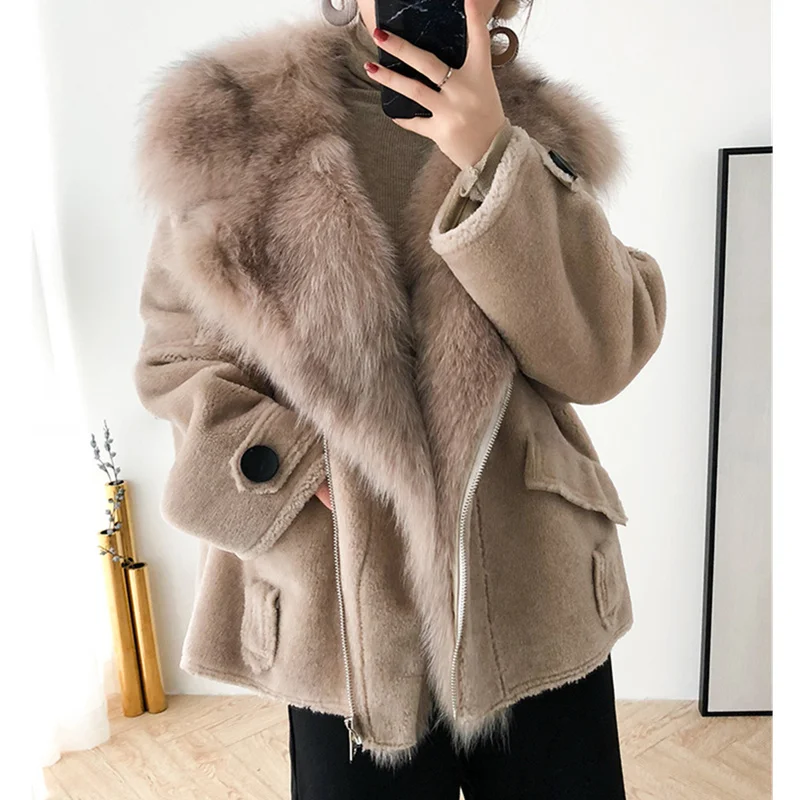 New Real Fur Coat Female Sheep Skin Sheep Fur Winter Jacket Female Fox Fur Collar Wool Coat Suede Leather Jacket