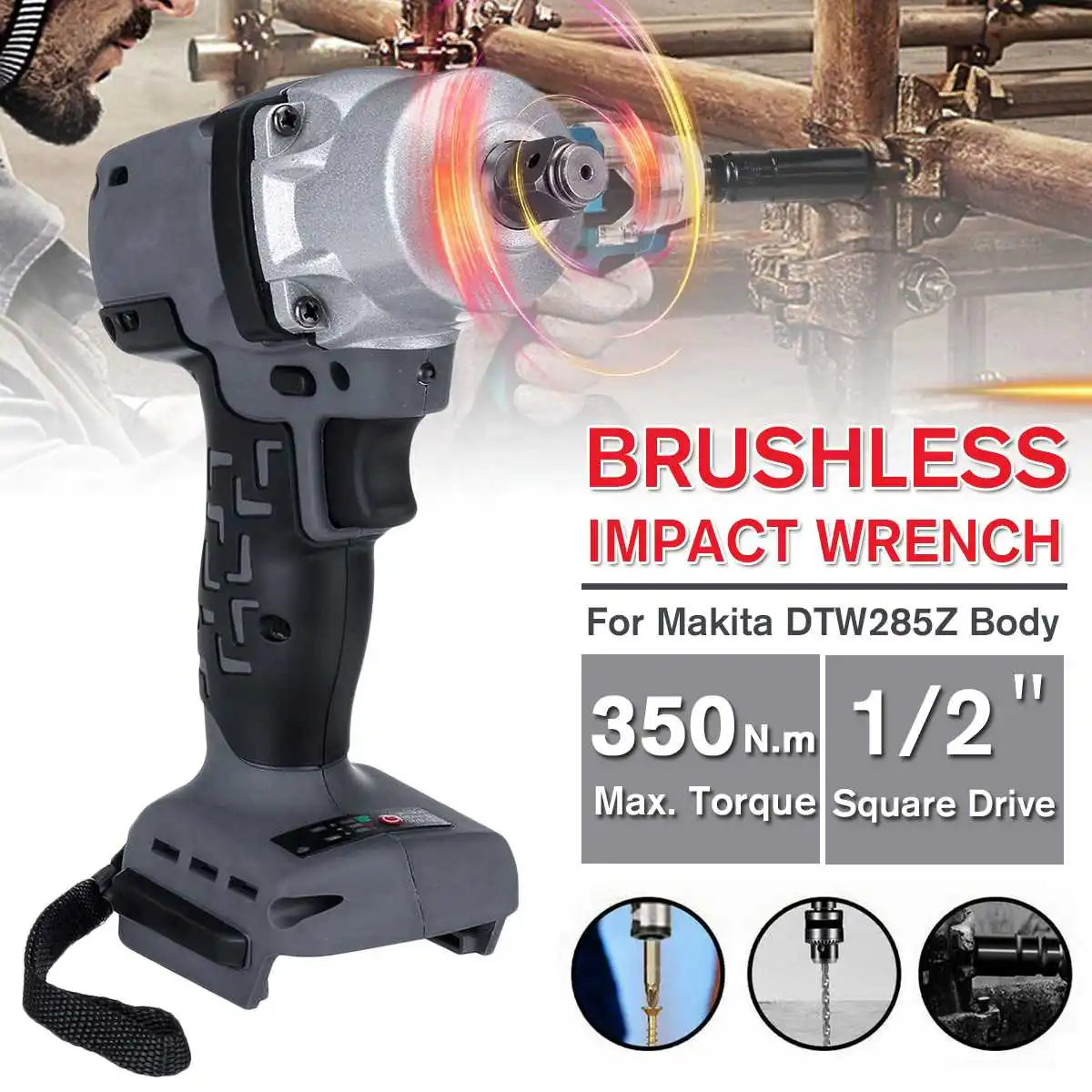 

NEW 18V 350Nm Electric Rechargeable Brushless Impact Wrench Power Tool Cordless with LED Job light for Makita Battery