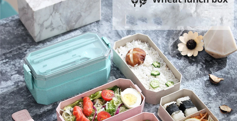 Konco Пшеничная солома двухслойный Ланч-бокс для детей офисный человек Bento коробка со столовыми принадлежностями Microwavable герметичный контейнер для еды