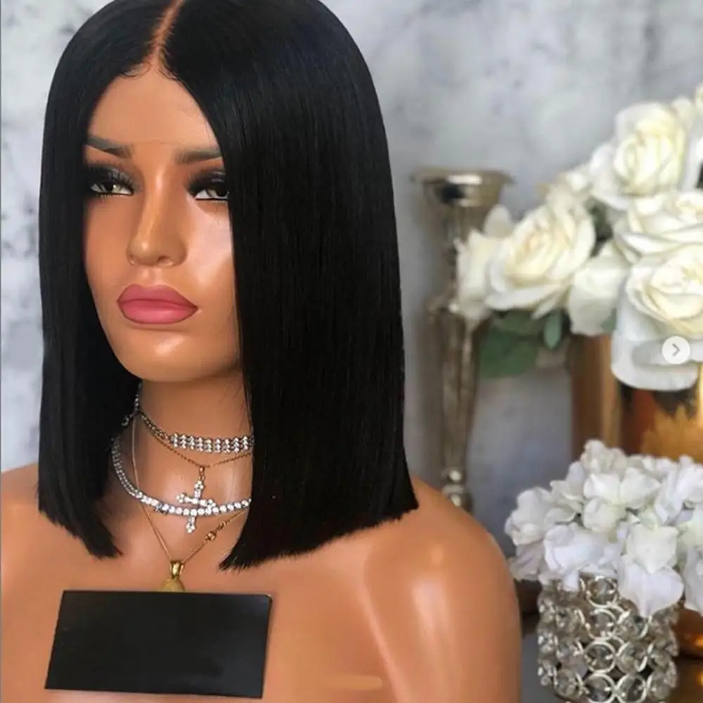

DLME Short Bob Wig For Black Women Heat Resistant Hair Black Synthetic Lace Front Wigs