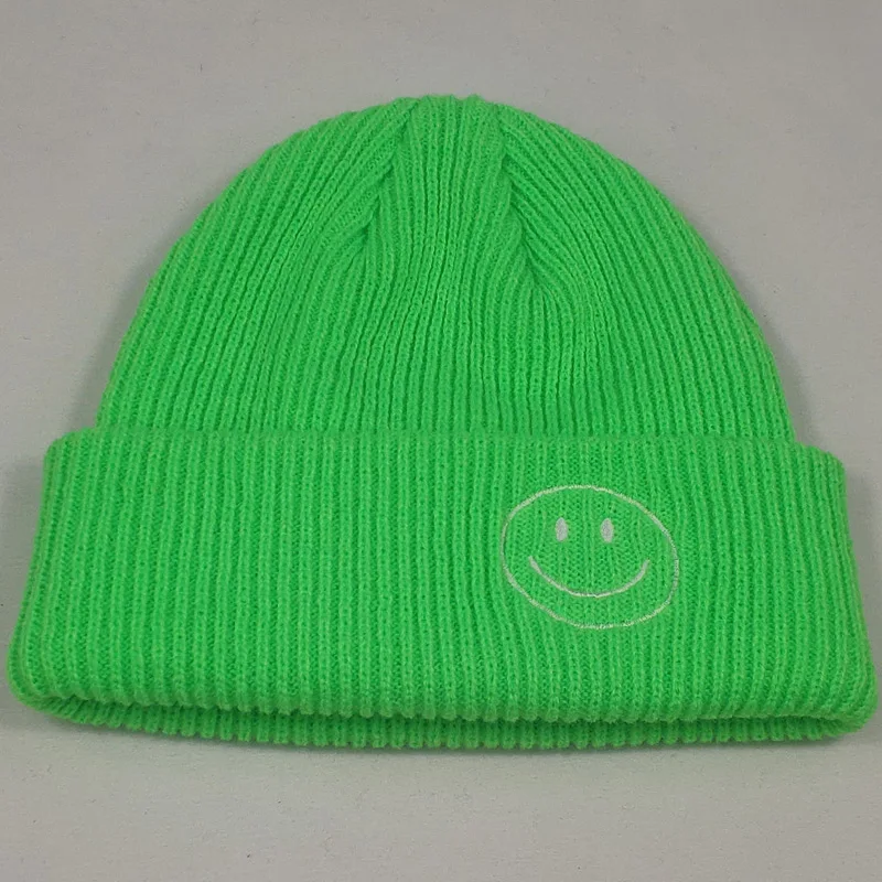 Fashion Plain Short Knitted Winter Hat for Women Smile Face Mens Beanie Neon Yellow Neon Green Purple Hot Pink