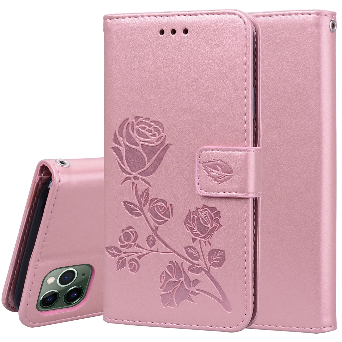 Роскошный 3D розовый кожаный чехол s для iPhone 8 7 6 6S Plus 11 Pro Max Xs Max Xr X 5 5S SE чехол-кошелек флип-чехол держатель для карт сумки - Цвет: Rose gold