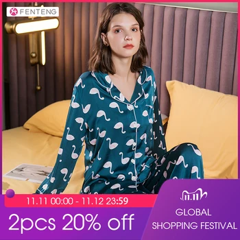 

FENTENG Autumn Pajamas For Women Fashion Silk Printed Lapel Full Sleeve Loose Home Suit Women Pajama Set J98112293