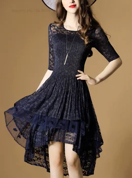 

three house spring new Half sleeve lace pleated dress elegant mid-length irregular dress