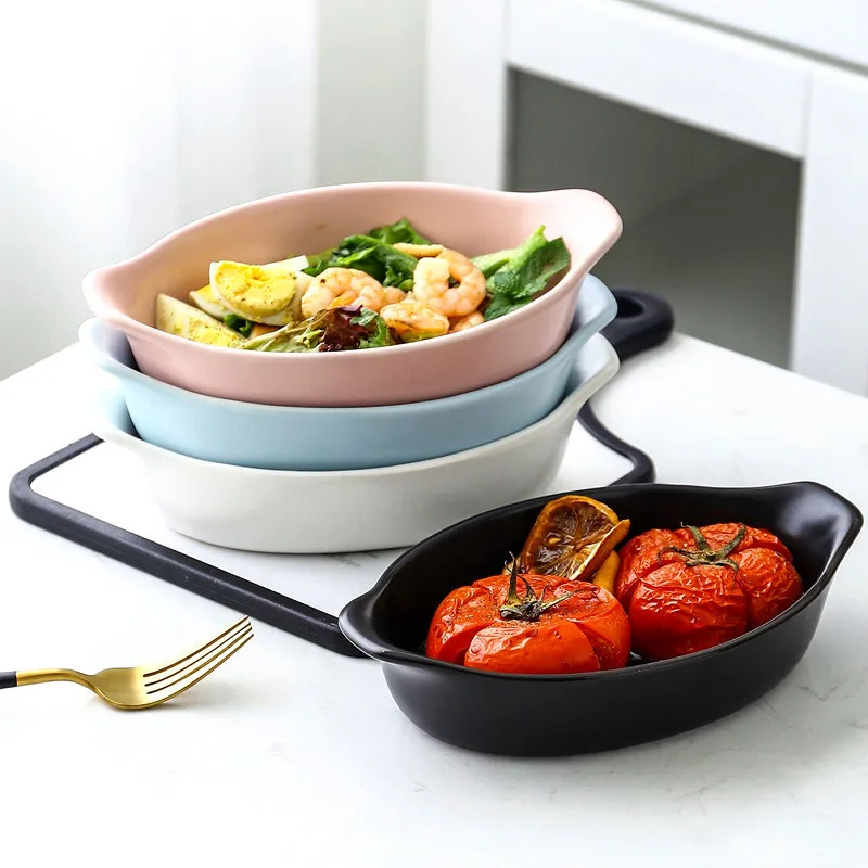 

350ML Nordic Solid Matte Ceramic Cheese Baking Plate Rectangle Double Ears Anti-heat Porcelain Dinner Plate Salad Fruit Tray