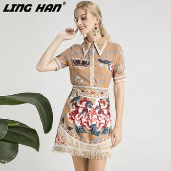 

LING HAN Designer Runway Set Summer Women Short sleeve Angel Floral Print Beaded Vintage Shirt+Tassel Crystal Diamond Skirt Set