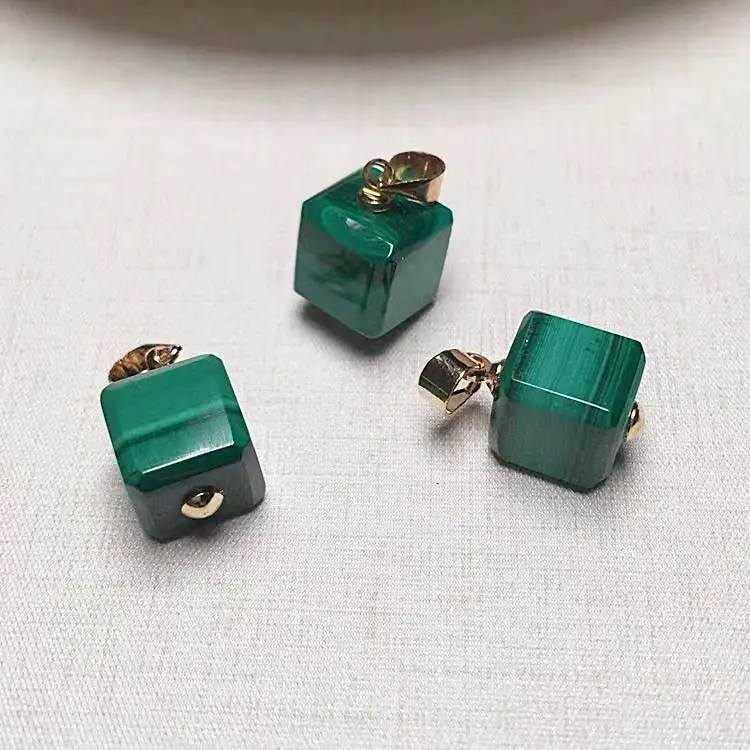 Natural Malachite Stone Pendant Cube Geometric Pendant Green Stones Small Charms Accessories 14K Plated Buckle Jewelry