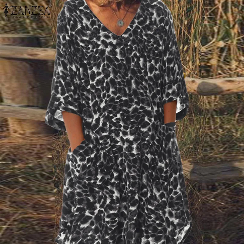 

Fashion Women Leopard Printed Dress ZANZEA Summer V neck 3/4 Sleeve Loose Midi Vestido Casual Party Club Sundress Robe Femme 5XL