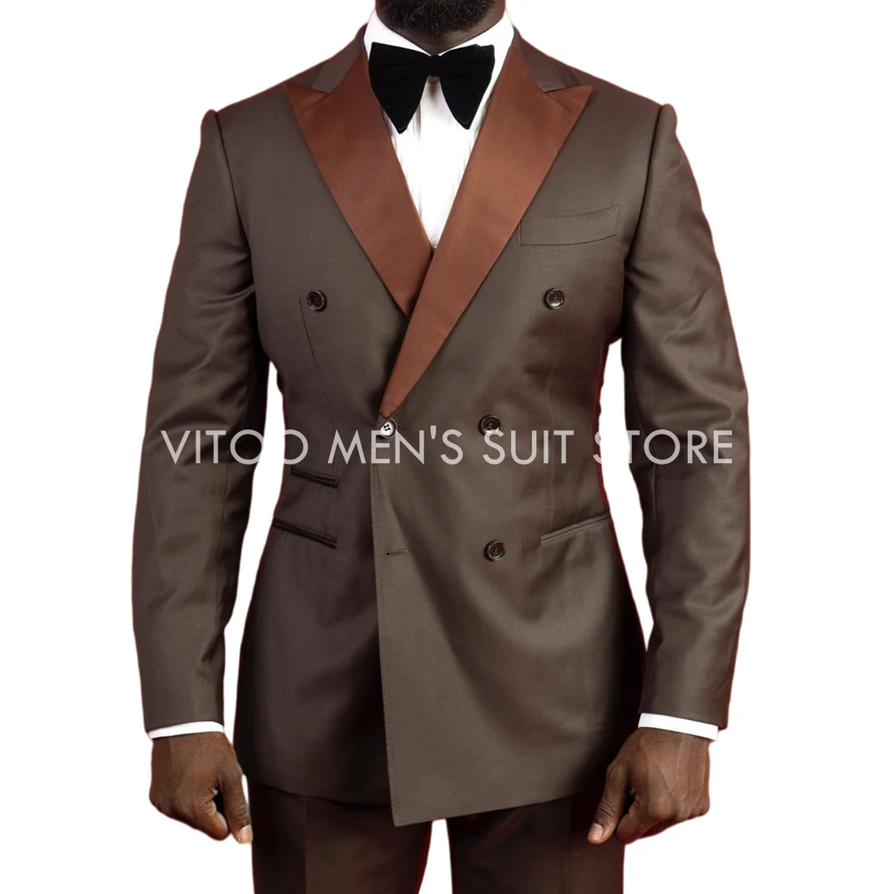 

Classic Brown Men Suits Slim Fit 2 Piece Satin Lapel Double-Breasted Wedding Groom Wear/Business Formal Men'S Clothing Coat+Pant