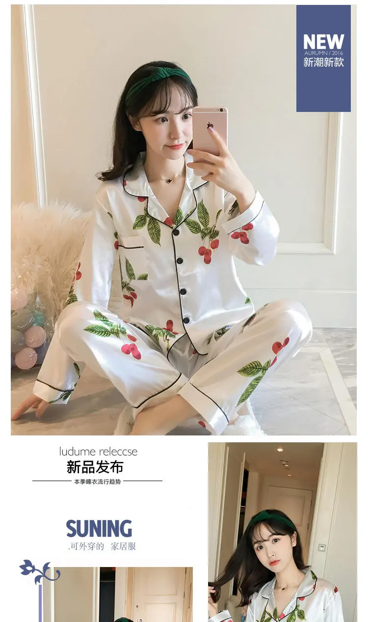 Spring And Autumn Pajamas Long Sleeve GIRL'S Imitated Silk Fabric Fashion Simple Waxberry Open Buckle Plus-sized Trousers Homewe