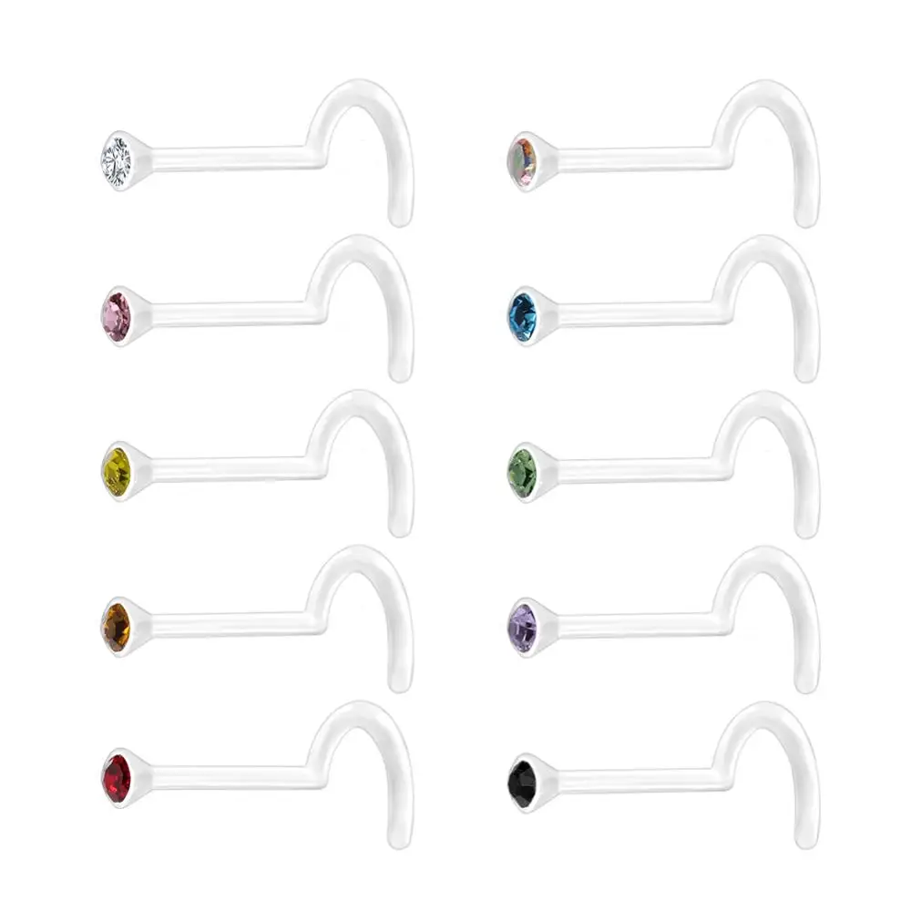 10PCS/Lot 20g CZ Crystal Nose Piercing Set Acrylic Plastic Nose Studs Rings Retainer Bone L Shape Nose Piercing Jewelry
