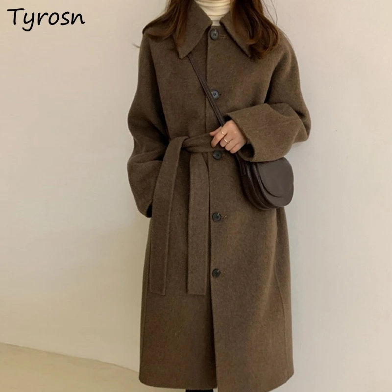 Women Wool Blends Solid Turn-down Collar Single Breasted Retro Coats Elegant All-match Warm Oversize Outwear Female Korean Style down parka women