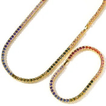 

16-20inch Rhinestone Rainbow Necklace Alloy Gold Iced Rhinestone Crystal 1 Row Tennis Chain Bracelet For Men's Women Jewelry set