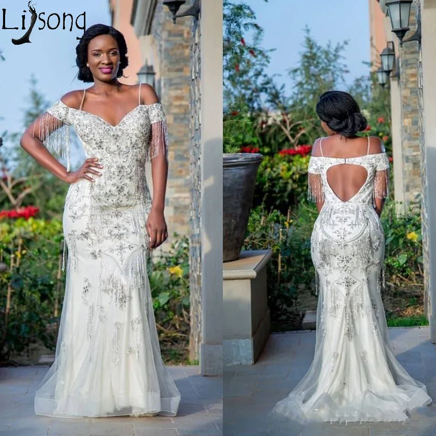 

Plus Size African Mermaid Prom Dresses Off Shoulder Sweetheart Backless Heavy Beads Evening Dress Aso Ebi Nigeria Party Gown