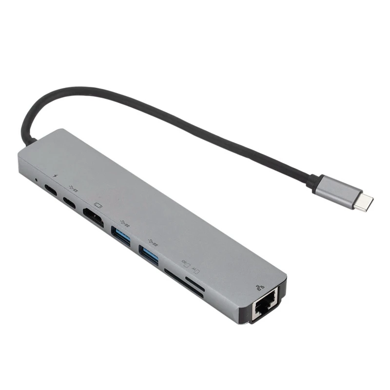 

8 In1 USB C Hub USB-C To Type-C 2 USB 3.0 Hub 4K HDMI RJ45 Ethernet Adapter with TF/Mini SD Card Reader PD Charger for MacBook