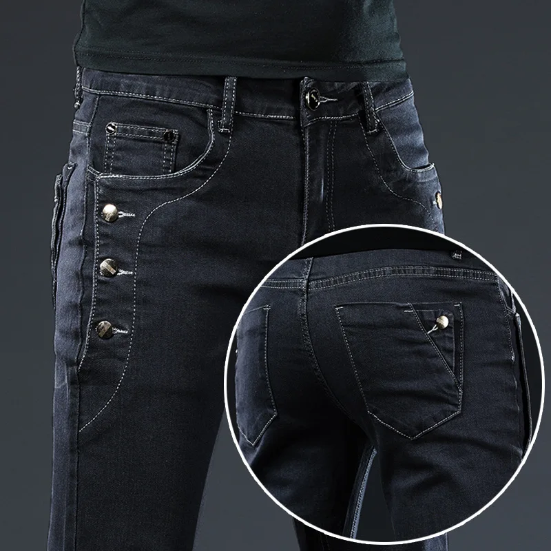 2021 Cotton Men Jeans Pants Lace Up Denim Trousers Black Pants Skinny Slim Hip Hop Sportswear Elastic Waist Male Trousers