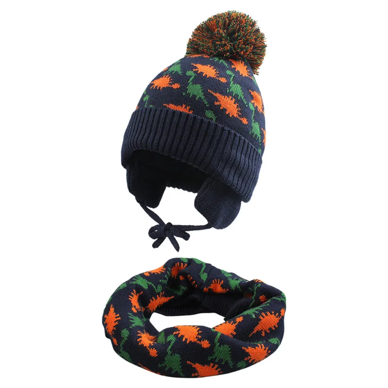 Skup Dinozaur Baby Beanie szalik zestaw kapeluszy maluch chłopiec dziewczyna czapka zimowa czapka gruba podszewka ciepła czapka z apaszką elastyczna