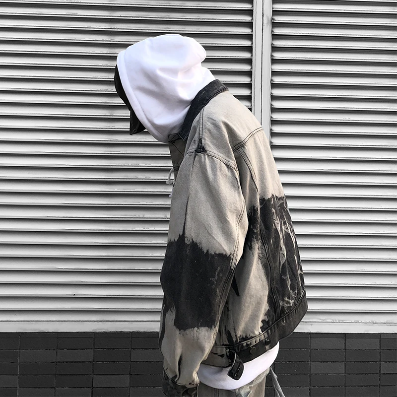 ABOORUN Fashion Men's Tie Dye Hip Hop Denim Jacket Oversized Streetwear Blue Jeans Jacket for Male R2981