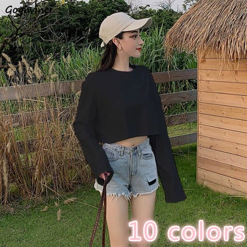 

Long Sleeve T-shirts Women Spring Crop Top Loose Solid Thin Sexy Ins Casual Trendy Stylish Simple Womens Clothing Tees Korean BF