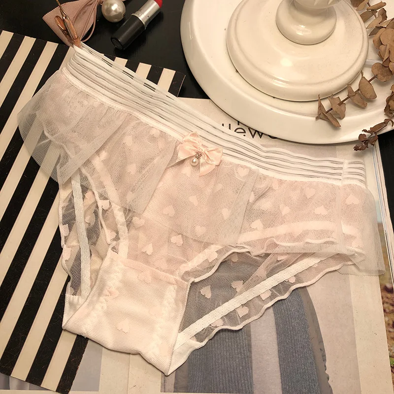 

Three Get One Japanese-style Gauze Lace Hem Heart Lace Underwear Pure Cotton in Crotch Students GIRL'S Briefs