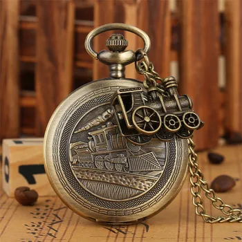 

Antique Bronze Train Quartz Pocket Watch Full Hunter Vintage Necklace Watch Collection Retro Clock Gifts for Men Women Kids