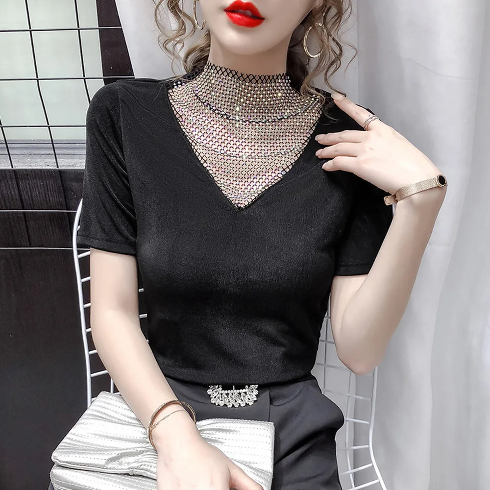 2020 Vintage New Women Diamond T Shirt Solid Color