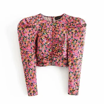 

2020 Spring Women's New French Country Style Round Collar Puff Long Sleeve Pleated Decorative Print Poplin Shirt
