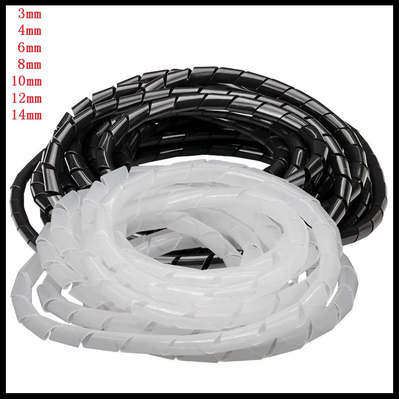 1Pc SWB-03~14 3mm, 4mm, 6mm, 8mm, 10mm, 12mm, 14mm White, Black Spiral Cable Wire Wrap Tube Computer Manage Cord Clear