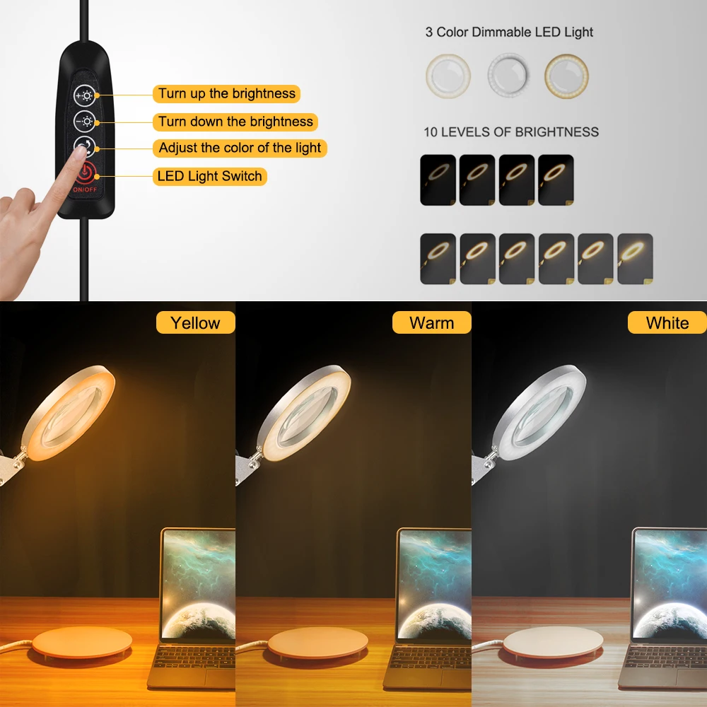 NEWACALOX 5X USB увеличительное стекло светодиодный светильник Гибкий Настольный зажим