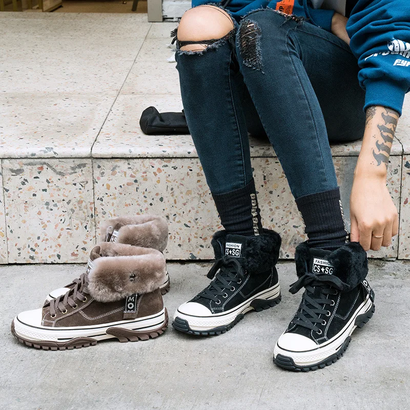 

Sheep Fur Students Snow Boots Women's Winter Short Brushed And Thick Genuine Leather Casual Thick Bottomed Cotton-padded Shoes K