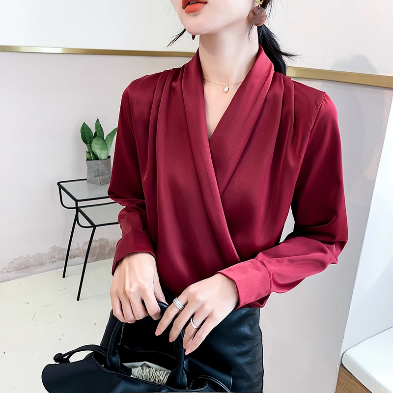 Осенние сексуальные блузки с длинным рукавом, винтажная Женская атласная блузка, корейский темперамент, женские офисные рабочие топы, blusas mujer - Цвет: red