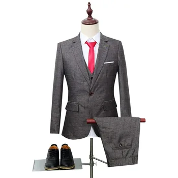 

( Jacket + Vest + Pants )Men's Fashion Boutique Plaid Wedding Suit Three-piece Male Formal Business Casual Suits