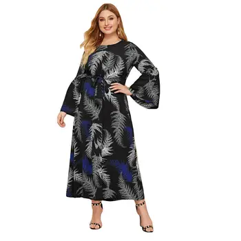 

Dubai Muslim Women Long Dress Casual Printed Plus Size Maxi Robe Kaftan Jilbab Flare Sleeve Gown Islamic Ramadan Black Dresses