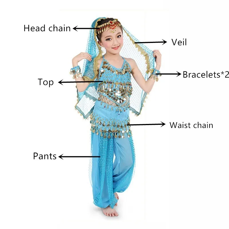 Blue 7 pcs 8 цветов детский набор костюма для танца живота Восточные Танцевальные Костюмы Девушки Египетский Болливуд индийский танец живота одежда - Цвет: Blue 7 pcs
