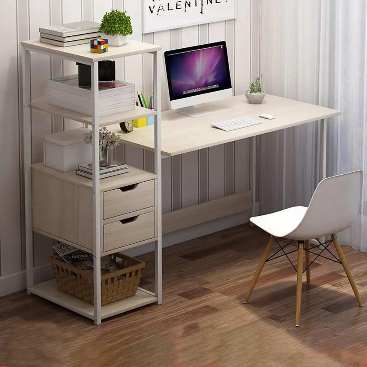 Home Office Wood Computer Desk Laptop Desk Writing Table with Book Shelves Drawers Furniture PC Laptop Workstation Study Table 