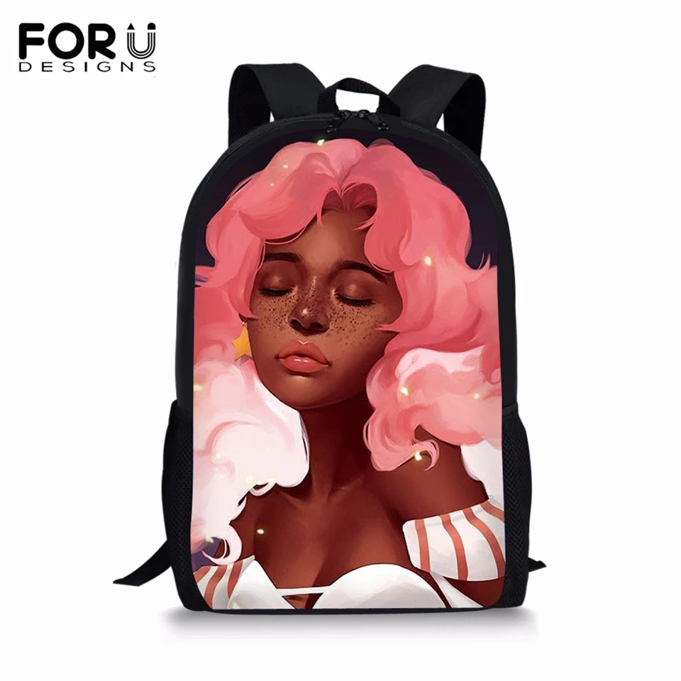 

FORUDESIGNS Fashion Kids Backpack Black Cartoon African Girls Pattern School Bags Afro Arts Girls Designer Kids primary Book Bag