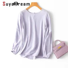 

SuyaDream Woman Silk Blouses 100%Real Silk Long Sleeved Crew Neck Lavender Blouse Shirt 2022 Spring Summer Shirts