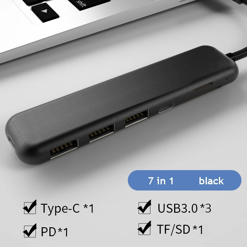 Тип-c usb концентратор HDMI адаптер док SD TF карта портовый концентратор для Macbookpro huawei Sumsung Xiaomi планшет OTG адаптер - Цвет: 7 in 1 black